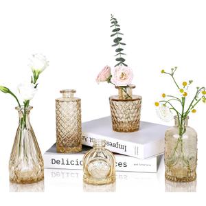 Amber Glass Bud Vases Set of 5, Gold Flower Vase for Centerpieces, Small Clear Vases in Bulk for Wedding Decorations, Vintage Vase for Table, Recepetion, Home Dcor