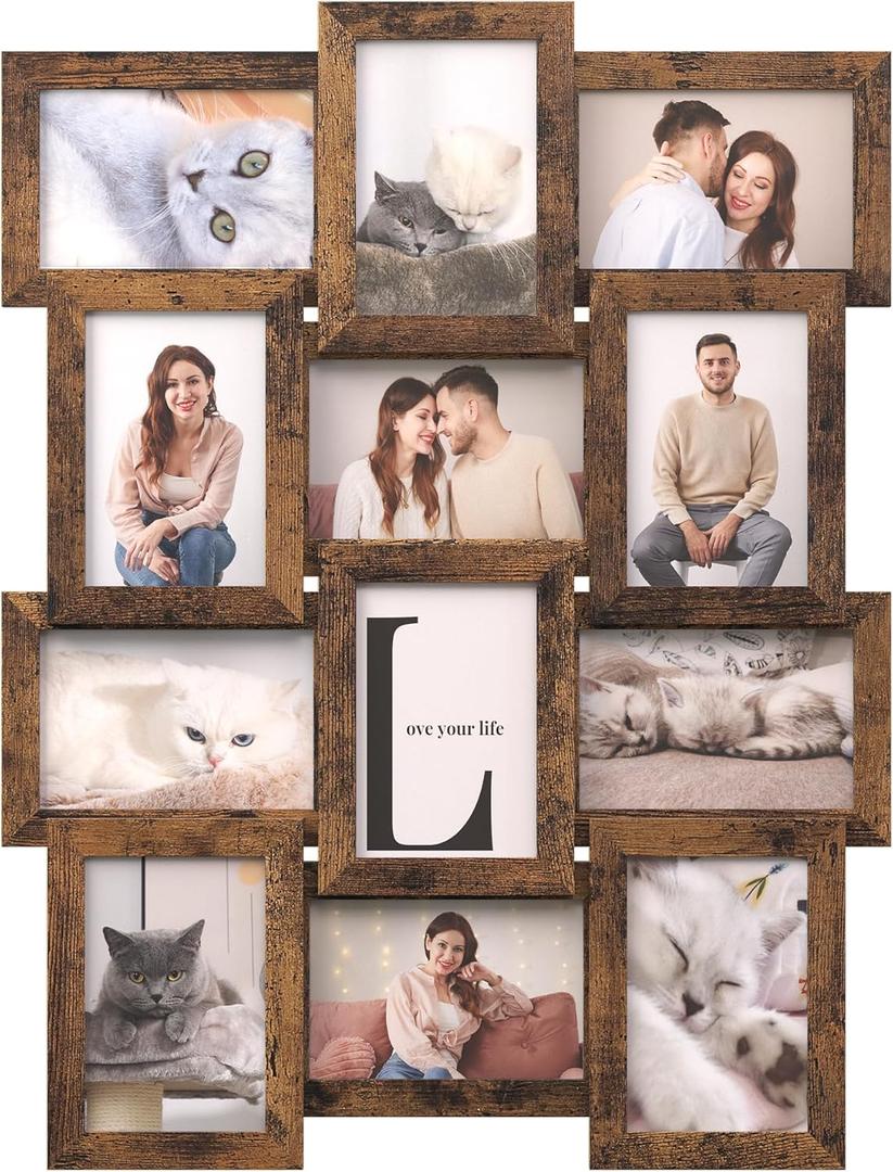 SONGMICS Collage Picture Frames, 4x6 for Wall Decor Set of 12, Multi Family Photo for Gallery Decor, Hanging Display, Assembly Required,Christmas Gift, Rustic Brown URPF026X01