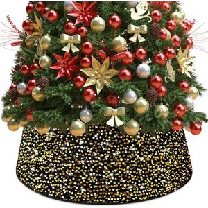 Gold Christmas Tree Collar Black Sparkly Tree Skirt Christmas Decoration Sequin Velvet Xmas Trees Ring Skirt Rustic Metal Xmas Trees Base Cover for All Seasons 24 Inch Round