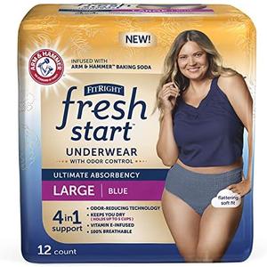 FitRight Fresh Start Incontinence and Postpartum Underwear for Women, Large, Blue (12 Count) Ultimate Absorbency, Disposable Underwear with The Odor-Control Power of ARM & Hammer