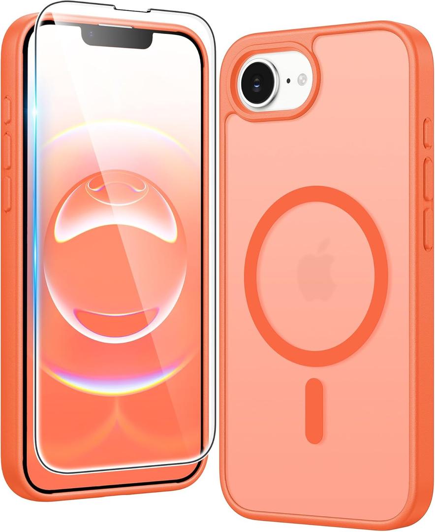 FNTCASE for iPhone 17e & iPhone 16e Case Matte: Magnetic Phone Cases with Screen Protector Drop Proof Compatible with Magsafe Slim Anti Yellowing Protective Translucent Cell Phone Cover (C-Orange)
