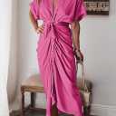 Women Elegant Satin Button Down Short Sleeve Maxi Shirt Dress with Belt (Pink, XL)