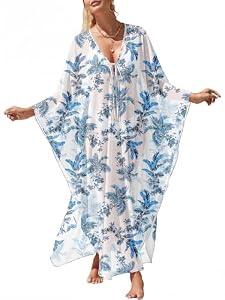 ANRABESS Women Kaftan Moo Moos Dresses Floral Batwing Sleeve V Neck Beach Swimsuit Cover Up Caftan Maxi Dress Blue Leaves Large