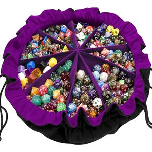 SIQUK Large Dice Bag with Pockets Drawstring Dice Bag DND Dice Storage Bag Big Capacity Dice Pouch for RPG MTG Table Games, Hold over 300 Dice (Black & Dark Violet)