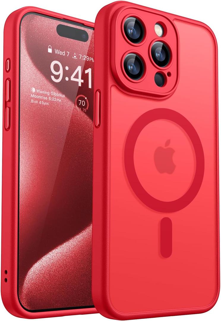 CANSHN Magnetic Compatible with iPhone 15 Pro Max Case, Upgraded [Full Camera Protection] [Compatible with Magsafe] [Translucent Matte] Shockproof Protective Phone Case Cover 6.7 Inch - Red