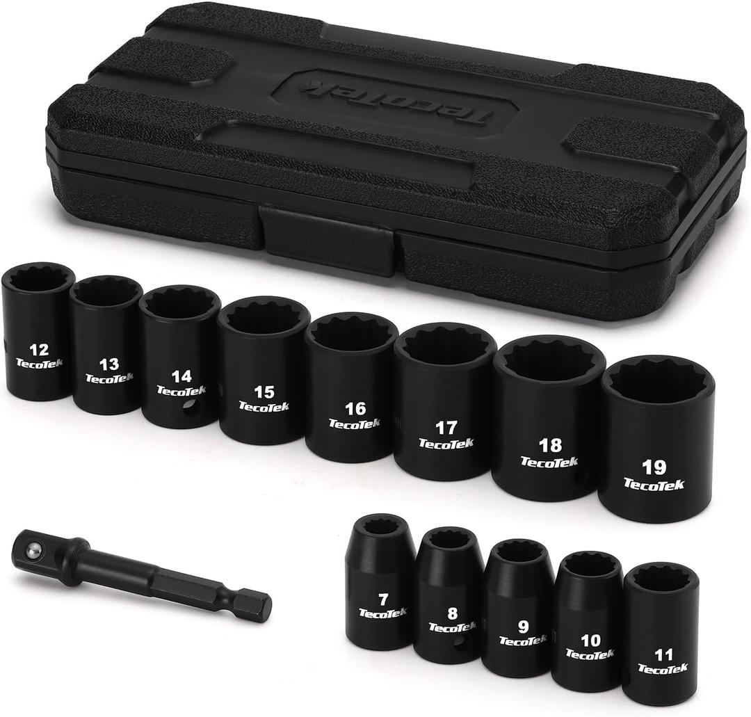 14 Pieces 3/8-Inch Drive Impact Socket Set, 12-Point, Metric, Shallow, CR-V, 7mm to 19mm, Drill Socket Adapter 3/8"