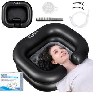 Inflatable Shampoo Basin - Portable Shampoo Bowl, Hair Washing Basin for Bedridden, Disabled,Injured, Hair Wash Tub for Dreadlocks and at Home Sink Washing (Black, 15in Inner)