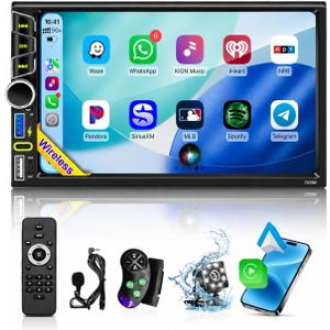 Wireless Double Din Car Stereo Apple CarPlay Android Auto,7" Touchscreen Car Radio Receivers, Bluetooth 5.2,FM AM Radio,Backup Camera,Physical Knob,SWC,Equalizer,Subwoofer,MirrorLink,USB/Type-C