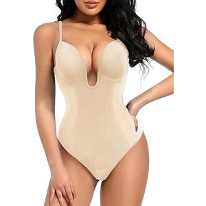 Decorus Women's Low Back Shapewear Tummy Control Deep V Neck Backless Body Shaper Plunge Thong Bridal Bodysuit Built in Bra (Beige, Large)