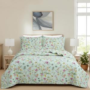 Quilt Queen Size 100% Cotton - Soft Lightweight Quilt Bedding Set, Floral Pattern Botanical Reversible Bedspread, Farmhouse Coverlet Set with 2 Pillow Shams for All Seasons, (90"x98") (Sage Green)