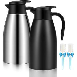 68oz Thermal Coffee Carafe, 2 Pack Airpot Insulated Coffee Urns Stainless Steel Vacuum Thermal Pot Dispenser for Coffee, Hot Water, Tea, Hot Beverage - Keep 12 Hours Hot, 24 Hours Cold (Silver, Black)