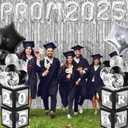 Class of 2025 Prom Night Decorations 16" Mylar Foil 2025 Balloons Photo Props Fringe Curtain Backdrop Balloon Box for High School College Grad Graduation Party (Sliver and Black)