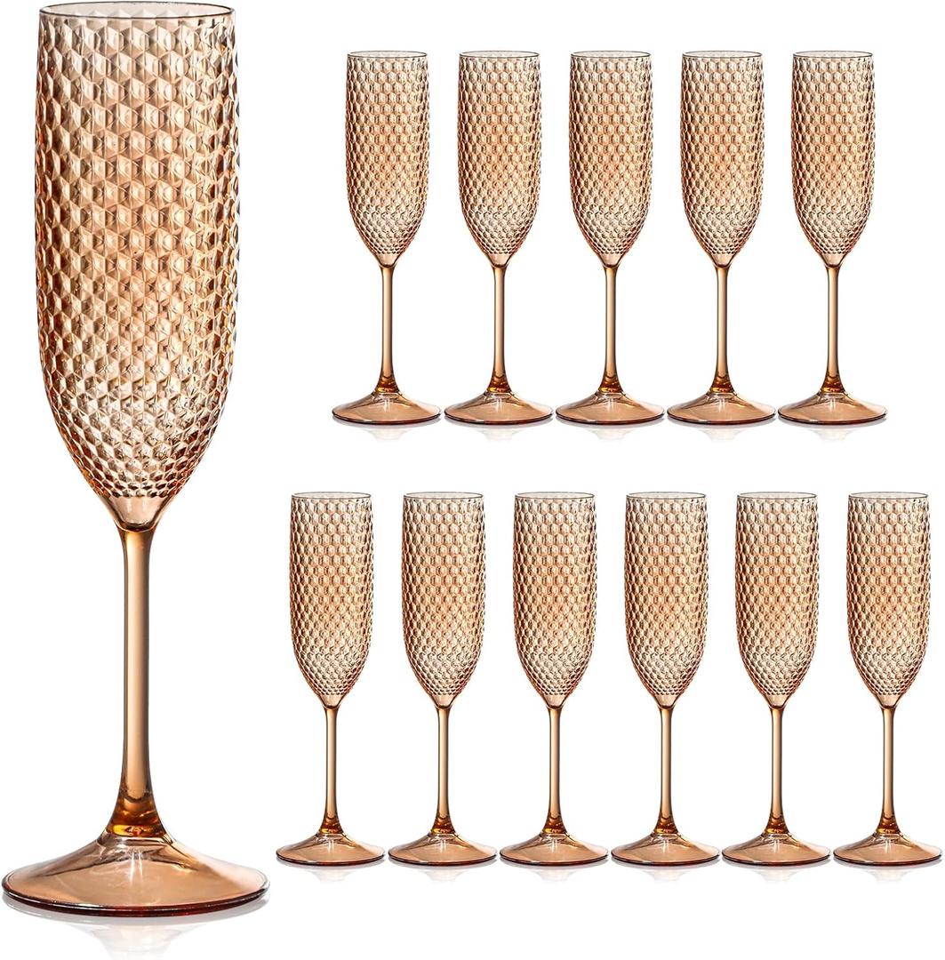 12 Pack Plastic Champagne Flutes - Rose Gold Goblet Glasses, Unbreakable Wedding Toasting Diamond Wine Crystal Cups, Clear Drinking Glasses 5.5 OZ for Bridal Shower