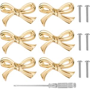 6pcs Bow Shape Cabinets Knobs, Gold Bow Furniture Door Pulls with Screwdriver Brass Vintage Drawer Knobs Decorative Dresser Handle for Home Kitchen Cupboard Wardrobe Hardware