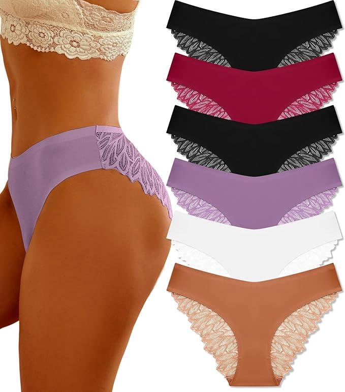 FINETOO 6 Pack Sexy Underwear for Women Silky Seamless No Show Panties Ladies Lace Bikini Lightweight Cheeky Hipster M