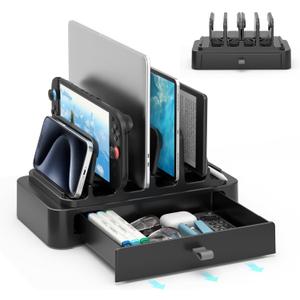 KDD Vertical Laptop Stand with Drawer - 7-in-1 Space-Saving Laptop Holder with Gravity Locking Fits MacBook, Dell, HP, Chromebook, Surface Pro, Tablet, Cell Phone, Switch, Keyboard Desktop Organizer