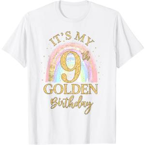 It's My 9th Golden Birthday Rainbow 9 Year Old Bday Girls T-Shirt (Youth L)