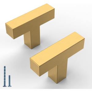 10 Pack 2''(50mm) Brushed Brass Cabinet Knobs Kitchen Gold Cabinet Knobs Stainless Steel T Bar Drawer Dresser Pulls Square Cabinet Hardware for Cupboard