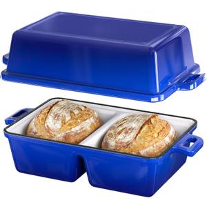 Double Dutch Oven for Sourdough Bread Baking,Enameled Cast Iron Dutch Oven with Lid,Double-Chamber Square Mini Sourdough Loaf Pan for Homemade Bread,Dark Blue(Patent Has Been Applied for)