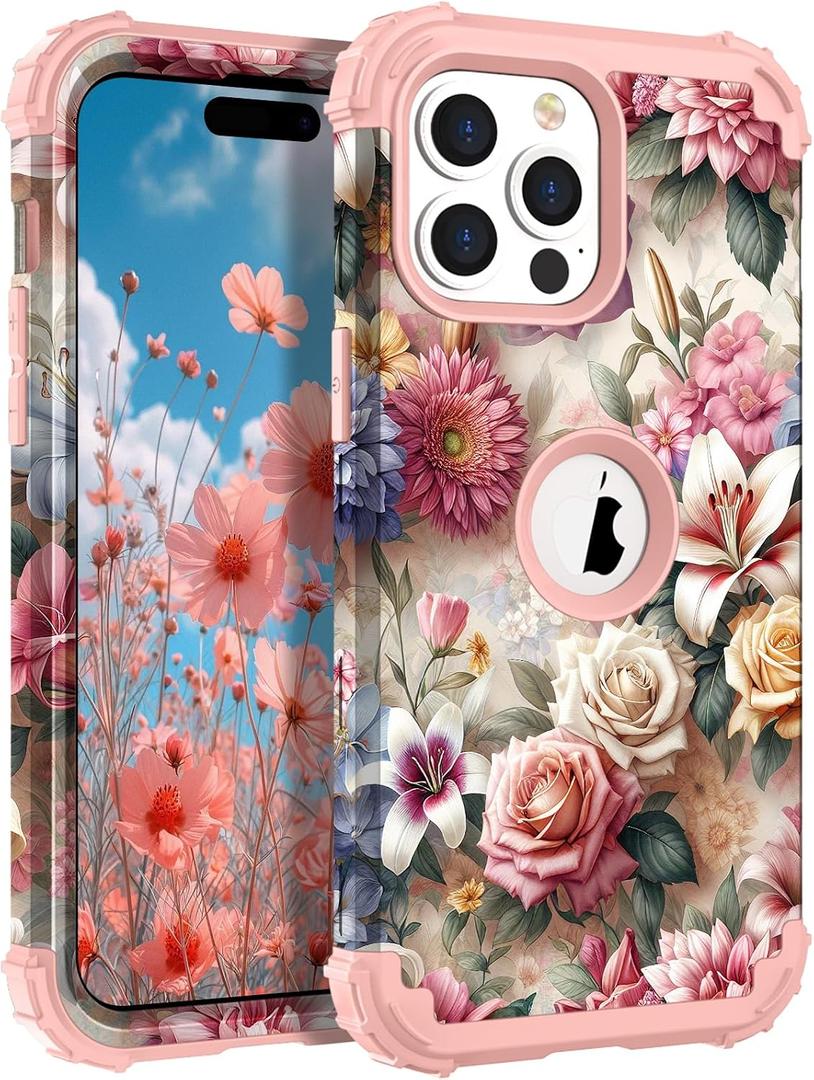 Hocase for iPhone 14 Pro Max Case, Heavy Duty Shockproof Protection Soft Silicone Rubber+Hard Plastic Bumpers Hybrid Protective Case for iPhone 14 Pro Max 2022 - Rose & Lily Flowers