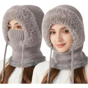 3 in 1 Beanie Hat with Scarf and Mask for Women - Winter Warm Windproof Balaclava, Fleece Lined Ski Mask Set (Gray)