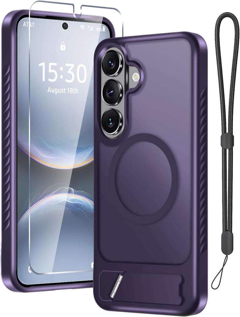 RMOCR for Samsung Galaxy S26 Case with Screen Protector+Lanyard Wrist Strap,Magnetic Translucent Matte Rugged Slim Phone Cover Built in Invisible Kickstand [Fit for MagSafe],2026 Purple