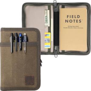 Diodrio 3.5 x 5.5 Journal Cover for Field Notes Moleskine Cahier YKK Zipper, A Rugged Waxed Canvas Cover for Pocket Notebook Journal Sketchbook with Pen Holder, Water Resistant, Olive.