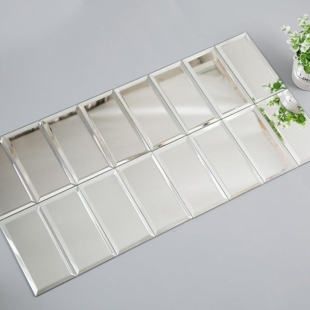 Diflart Beveled Mirror Backsplash Tiles for Kitchen, Silver Subway, 3x6 Inch, Mirror TIile for Bathroom Accent Wall, Pack of 5 Sq.ft