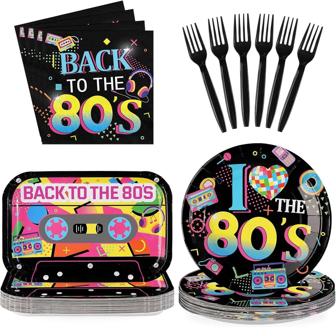 96Pcs 80s Party Decorations Back to The 80's Theme Plates and Napkins Tableware Sets Retro Colorful Hip Hop Decorations for Birthday Wedding Anniversary 1980's Party Supplies, Serves 24