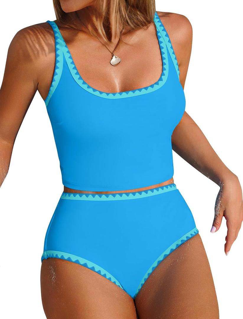 ZAFUL Tankini Swimsuit Tummy Control Bathing Suits Two Piece Swim Top with High Waisted Bottom (Blue, M)