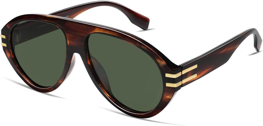 VANLINKER Polarized Retro Oversized Aviator Sunglasses Womens Mens Trendy 70s Vintage Sun Glasses VL9810 (Brown Tortoise Frame Green Lens)
