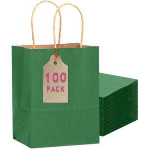 qiqee 100PCS Gift Bag with Handles Bulk Kraft Deep Green Paper Bags Multiple Uses (11"x5"x8"inch Medium Size)