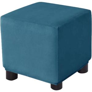 Ottoman Cover Square Velvet Storage Ottoman Slipcovers Thick Stretch Footrest Foot Stool Covers Protector with Elastic Band(Small-Blue)
