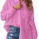 AISEW Womens Casual Button Down V Neck Shirts Raglan Long Sleeve Loose Fit Collared Work Blouses Tops with Pocket M