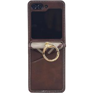 for Samsung Galaxy Z Flip 6 Slim Case,with Hinge Protection Leather Protective Cover with Ring Shockproof Full Body Protector(Z Flip6,Brown)
