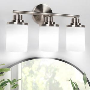 Holim Modern Brushed Nickel Bathroom Light Fixtures Over Mirror, 3-Light Vanity Lights for Bathroom, Vanity Light, Milky White Glass Shades, Wall Sconces, E26 Socket (Bulbs Not Included)