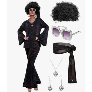 Jexine Halloween 70s Women Disco Costume Set Disco Party Top Pants Sunglasses Ball Necklace Earring Wig, Medium