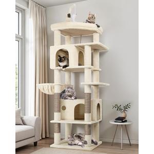 Globlazer Cat Tree for Indoor Cats Large Adult, 74in Tall Cat Tower with Scratching Post, Heavy Duty Cat Tree Tower with 2 Spacious Caves, Oversized Top Perch, Big Hanging Basket, F74B, Beige