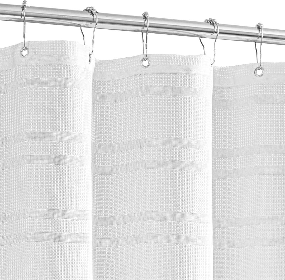White Waffle Shower Curtain, Waffle Weave Striped Shower Curtain Hotel Luxury White Fabric Shower Curtains for Bathroom