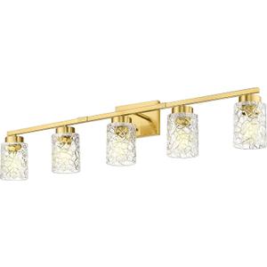 Emliviar 5Light Brushed Gold Vanity Light with Clear Geometric Glass, 5 Bulb Wall Light Fixture Over Mirror 40 Inch, HE294B5W BG