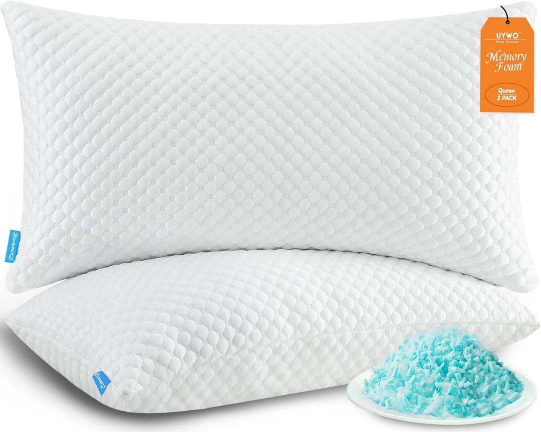 Cooling Pillows Queen Size Set of 2, Memory Foam Pillows with Zipper, Firm Bed Pillows Adjustable for Hot Side Back Stomach Sleepers (White)