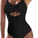 Pink Queen Women's One Piece Swimsuits 2025 Sexy Tummy Control Drawstring Bathing Suit V Neck Cutout Ruched Swimwear (Black)