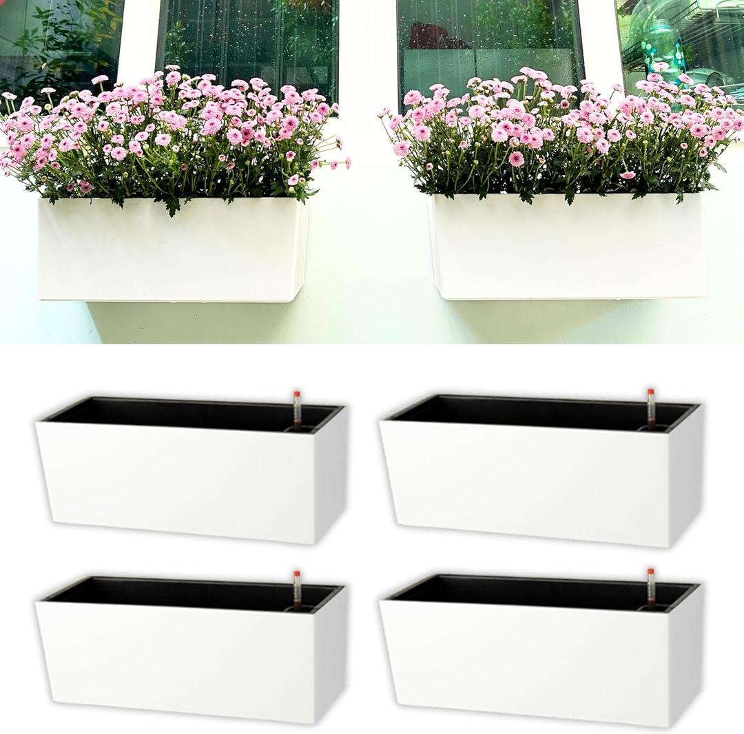 LaLaGreen Outdoor Wall Planters (14 Inch, 4 Pack) White Self-Watering Wall Mounted Flower Boxes, Rectangular Window Box Hanging Planters Plastic Containers Pot Indoor Herbs Modern Home Garden Decor