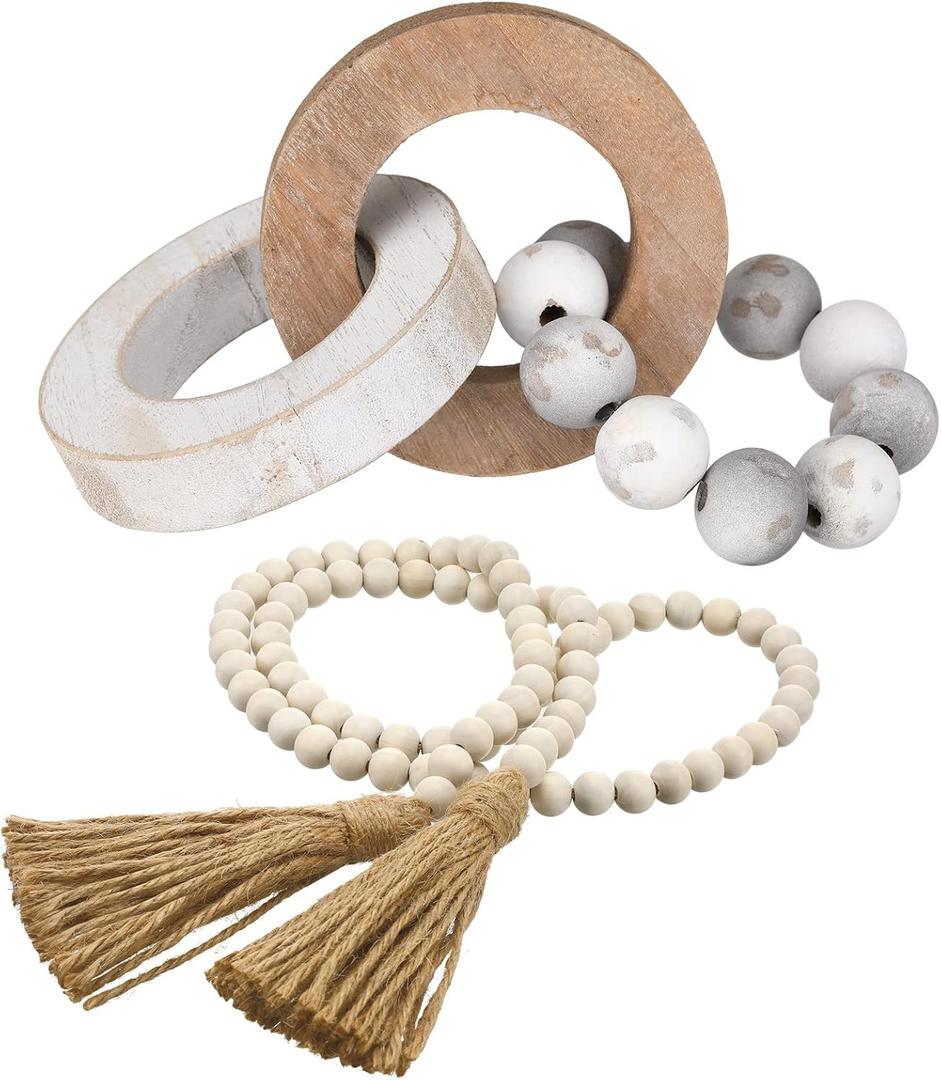2 Pieces Decorative Wood Knot Link Chain Decor and Bead Garland Set Farmhouse Aesthetic Natural Wooden Knot Chain Link Wood Bead for Boho Country Home Table Decor(Retro Colors)