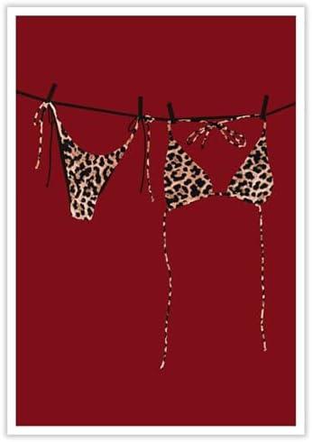 Trendy Bikini Poster Cherry Red Leopard Wall Art Coquette Girly Room Decor Summer Cool Canvas Funky Retro Cheetah Prints Pictures for Dorm Apartment Home Aesthetic 12x16inch Unframed, Set of 5