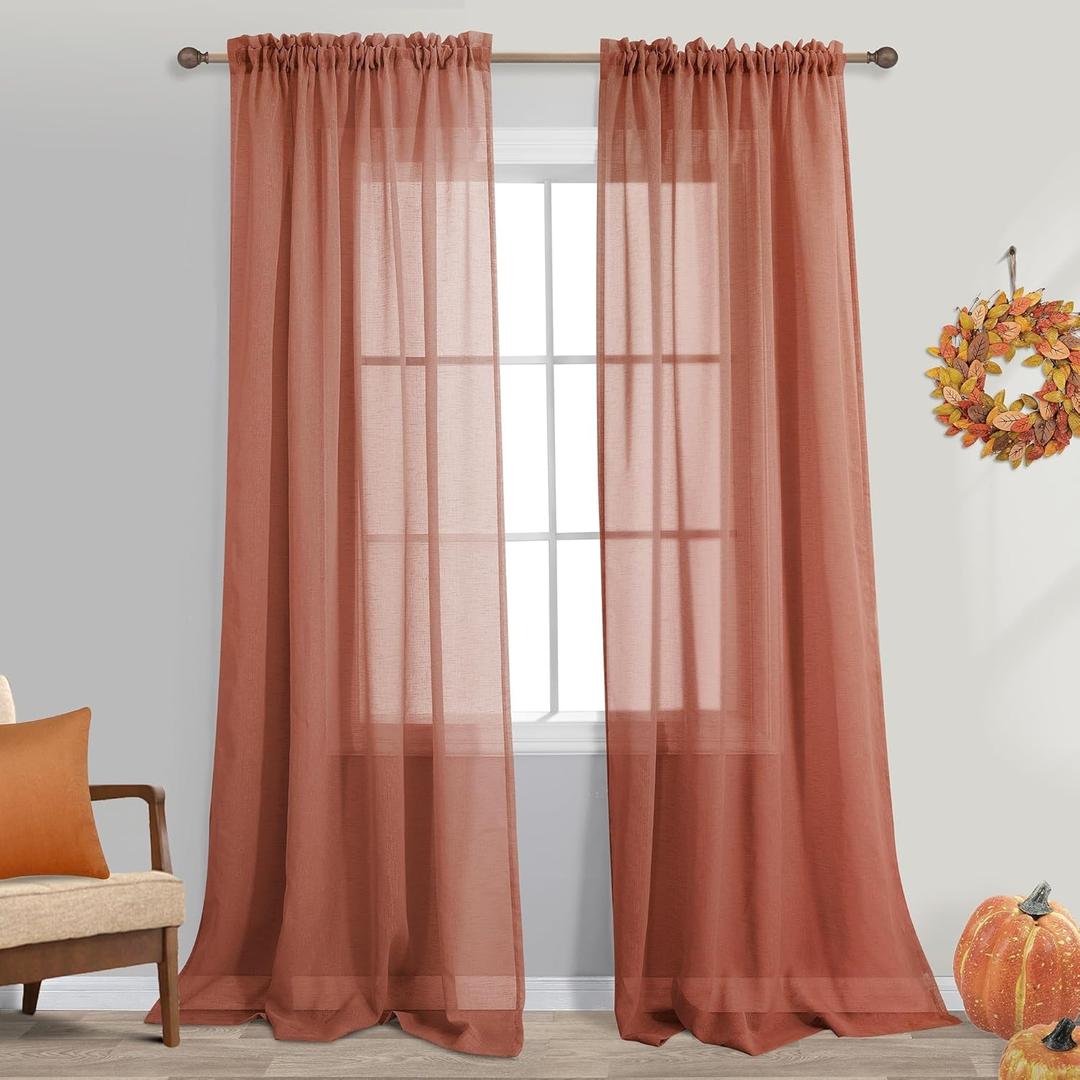 Terracotta Boho Sheer Fall Curtains for Living Room,Rustic Farmhouse Vintage Linen Look Rust Colored Western Curtains for Bedroom 84 Inches Long 2 Panels Set