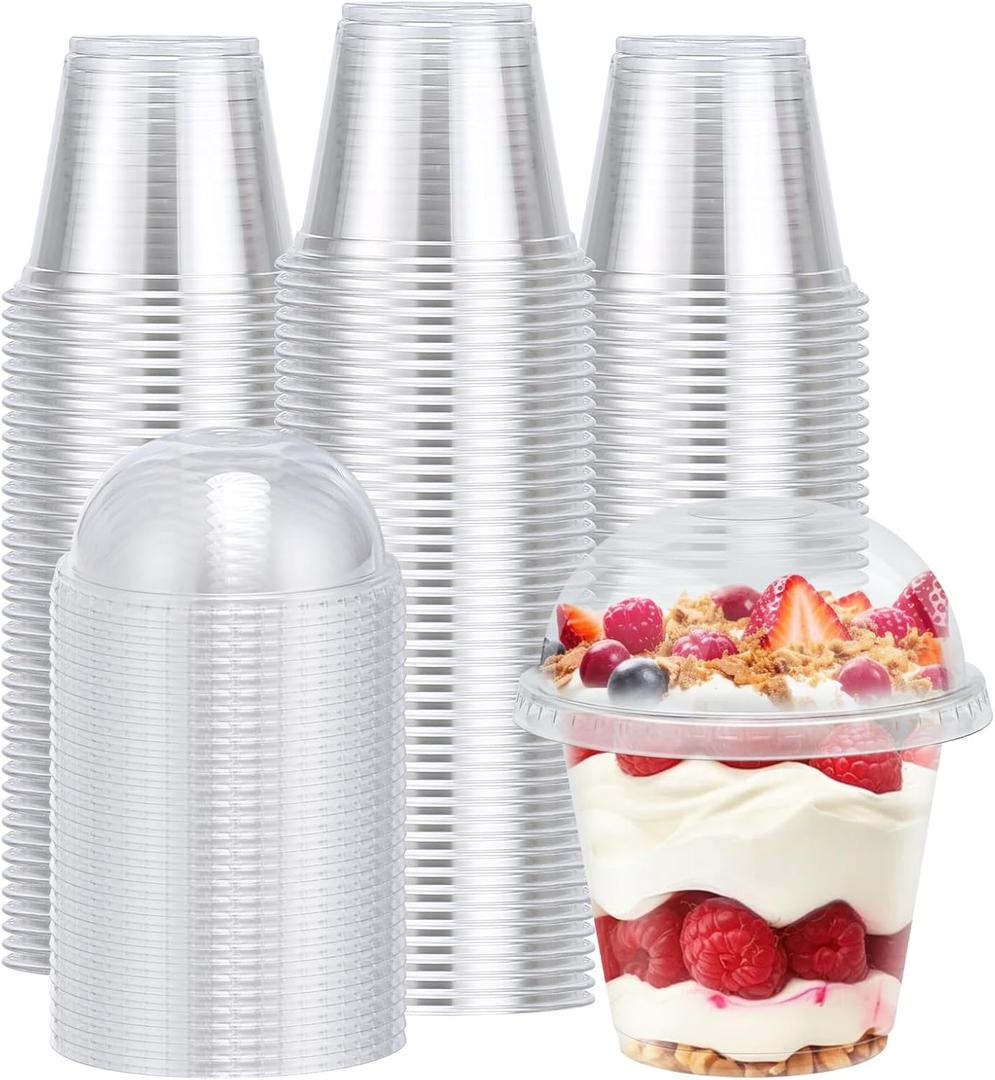 100 Packs 9 oz Clear Plastic Cups with Dome Lids, Disposable Cups with Lids, Reusable Plastic Dessert Cups for Ice Cream, Cake, Snacks, Fruit, Cold Drinks, Milkshake, Pudding, Salad