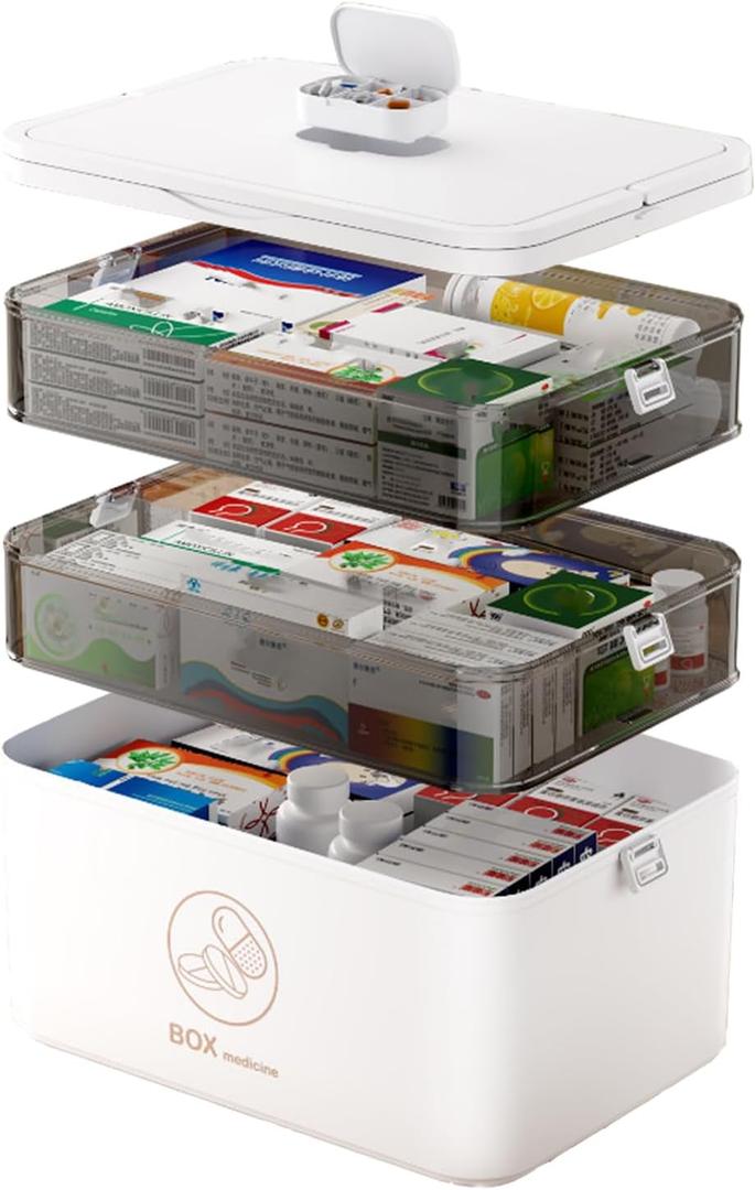 JWShang Medicine Organizer with Pill Box and Handle, Portable Large Capacity Medicine Storage Organizer with Moisture-Proof, Empty First Aid Box for Home, Dorm, Office, Travel (3-Tier)