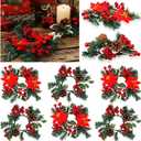 Yilloog Set of 8 Christmas Candle Rings Wreaths Berry Pinecone Red Poinsettia Wreaths Rings Mini Candleholders Xmas Wreath Candle Holder for Christmas Centerpiece(Stylish)