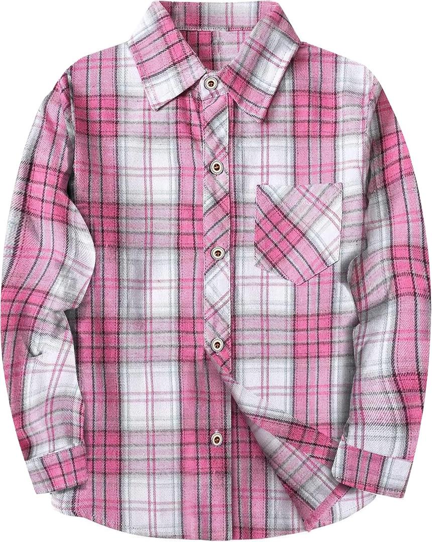 SELINK Girls Long Sleeve Flannel Shirt Kids Buffalo Plaid Button Down Shirt Casual Cute Flannel Blouse Tops (Pink, XXL)